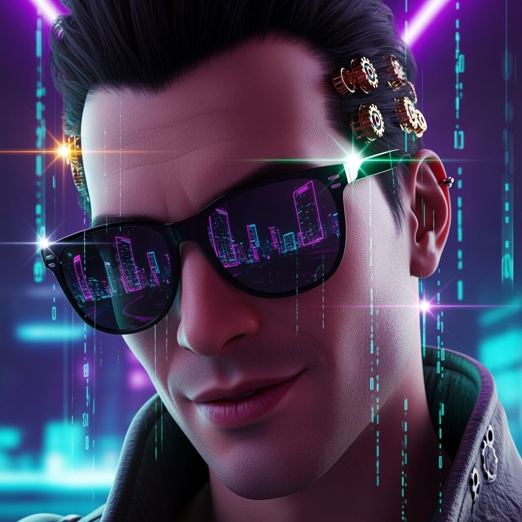 Cyber Neo-Punk Man with Psychedelic Fractals and Neon Reflec...