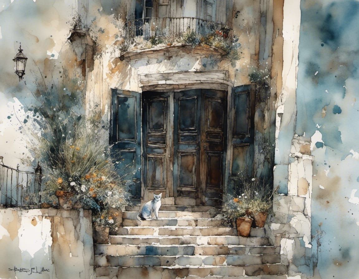 Old World City Door with Cat in Watercolor Style