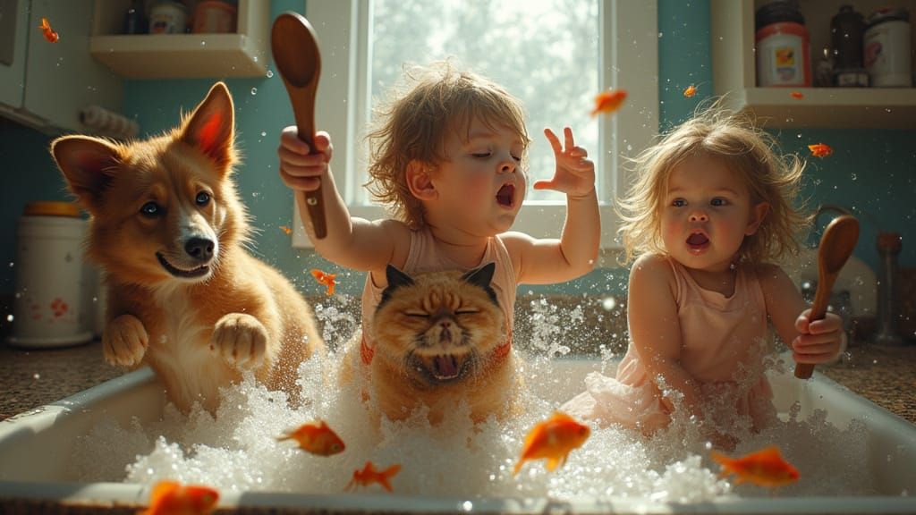 Mischievous Kids & Dog in Kitchen Chaos