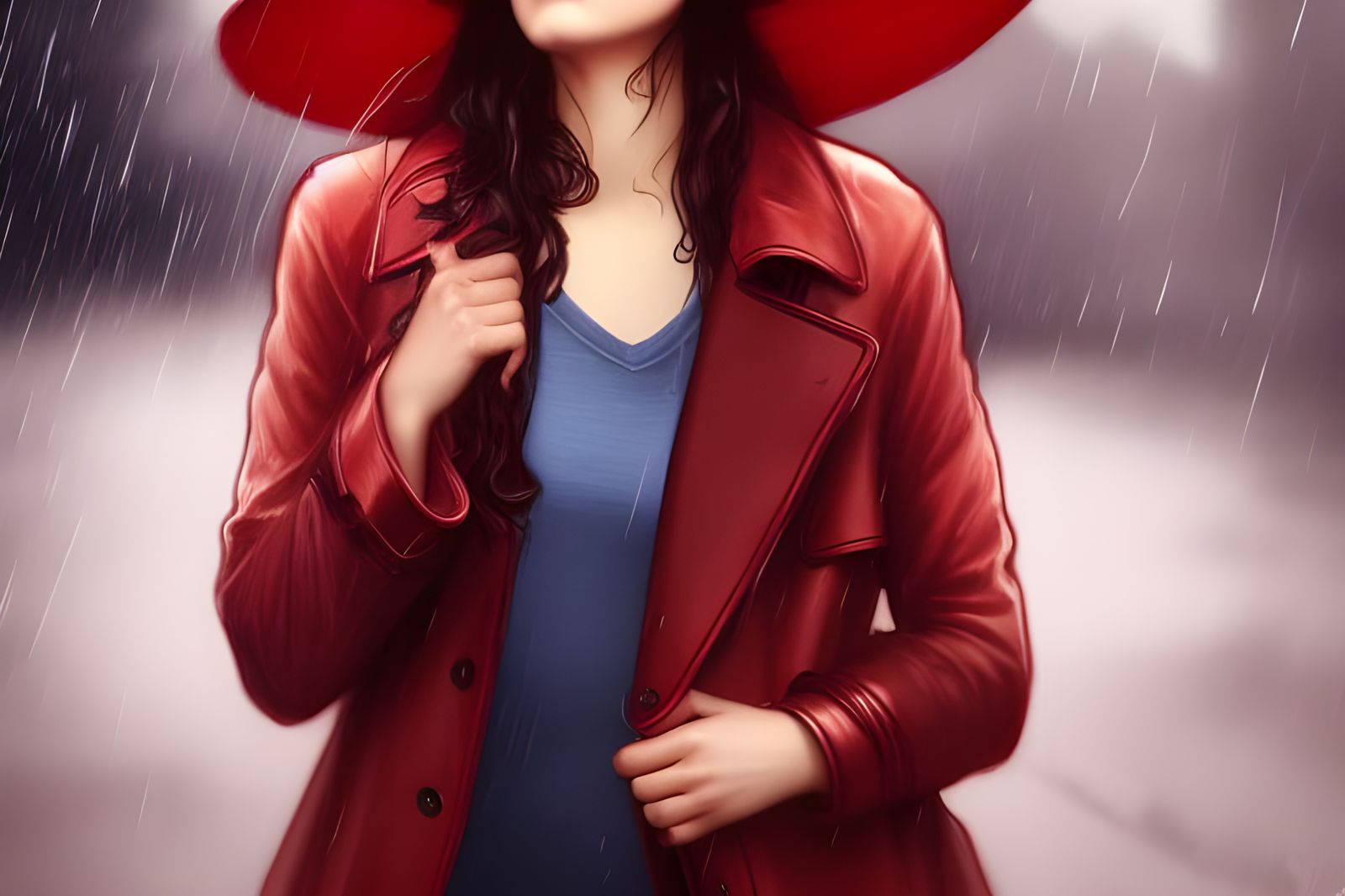 Woman in Red Coat Walking in Rainy Street