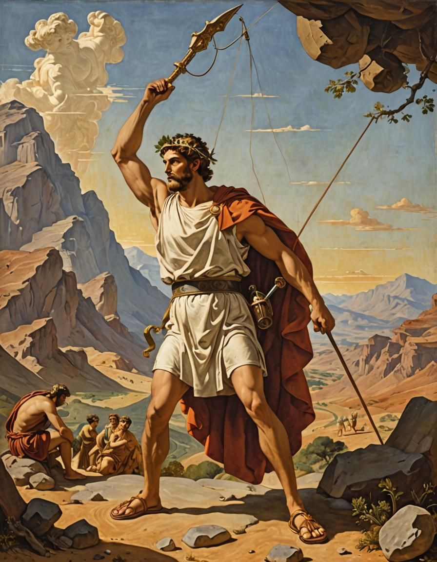 David and Goliath in Classic Art Style