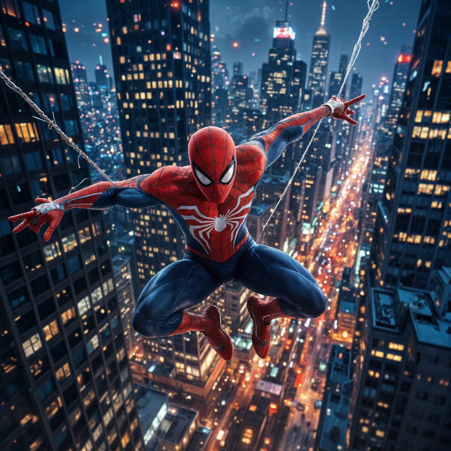 Hyperrealistic Spiderman Swinging At Night
