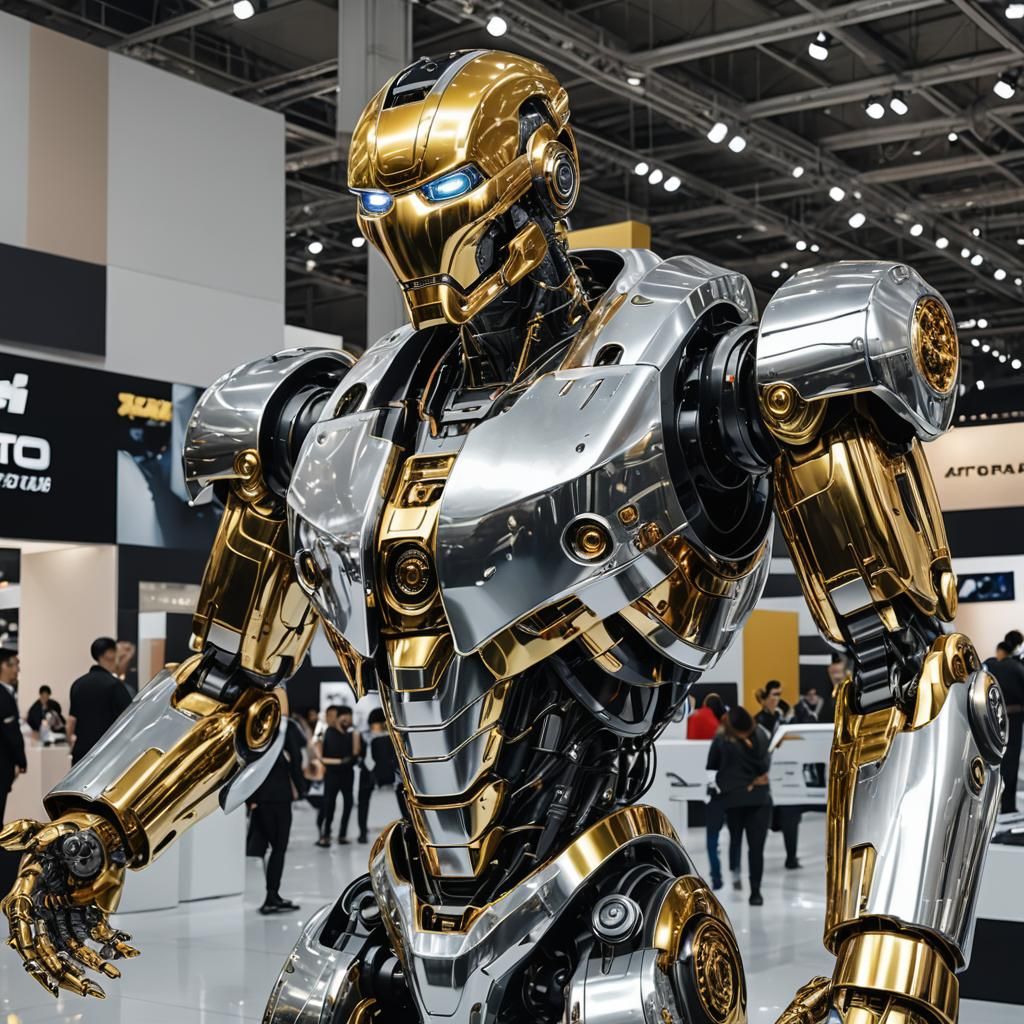 Hyperrealistic Metallic Robot at Auto Show