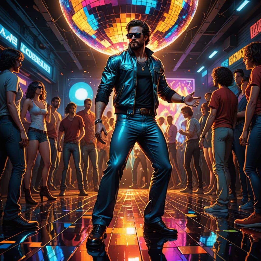 Vibrant Disco Dance Floor Scene in Comic Book Art Style