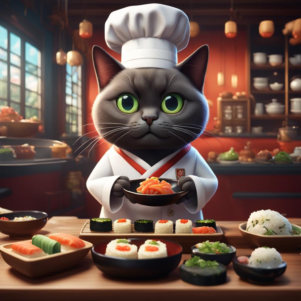 Siamese Cat Sushi Chef Cartoon in Detailed Style