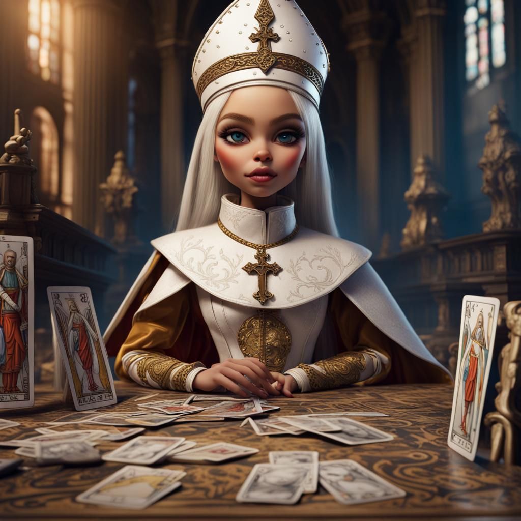 Hyperrealistic Bratz Dolls as The Pope Tarot Card