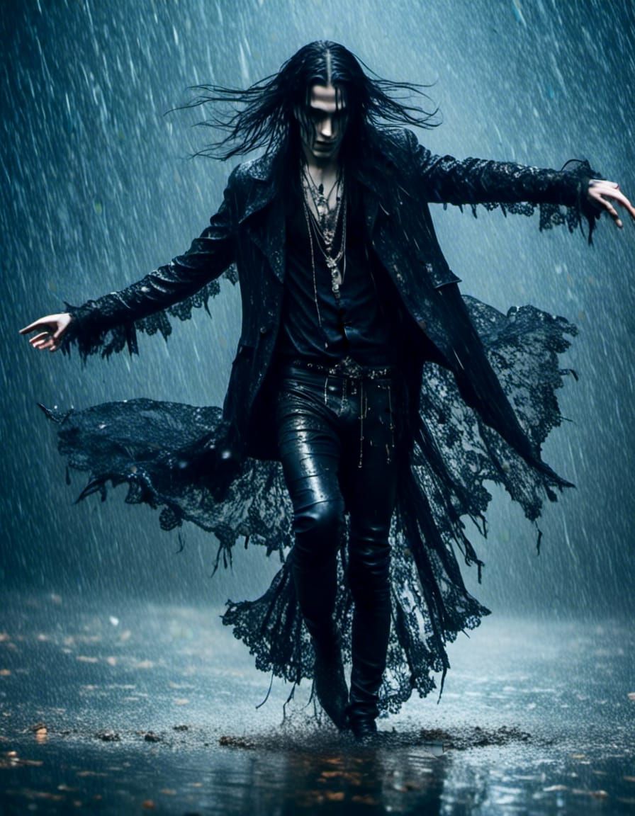 Young Goth Man Dancing in Rain with Silver Jewelry