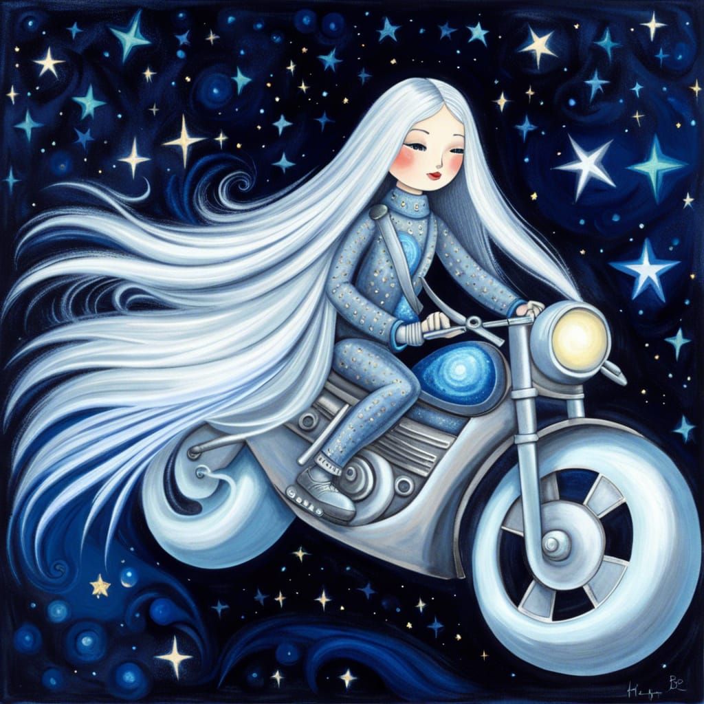 Girl Rides Motorcycle in Starry Sky, Art Brut Style