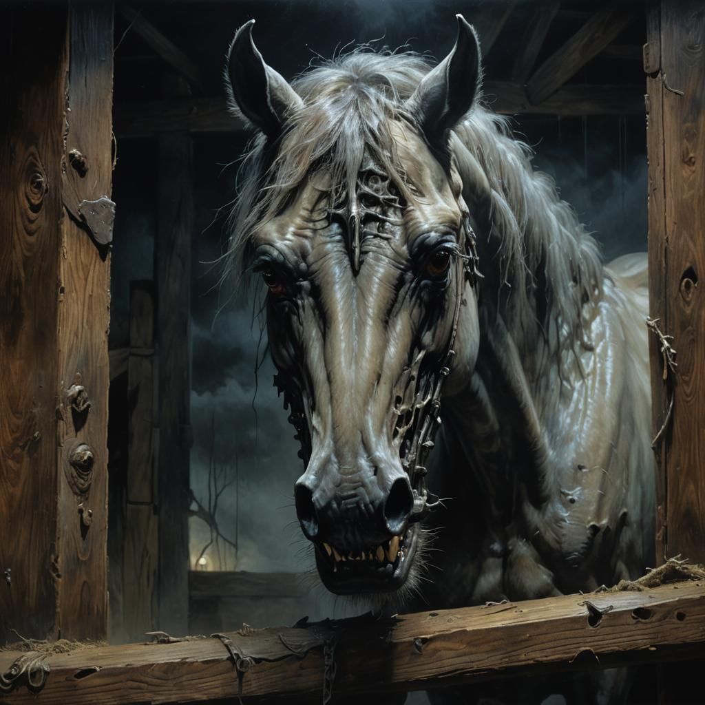Spectral Horse Devouring Viewer in Gothic Nightmare