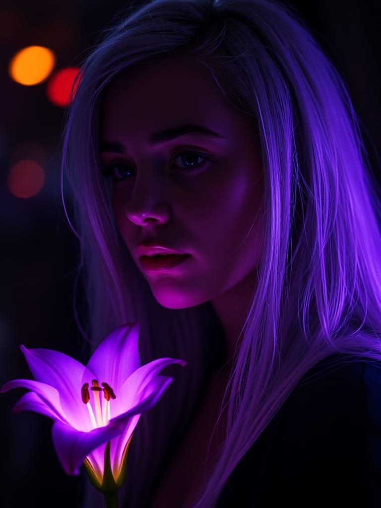 Woman with Lily in Colorful Darkness