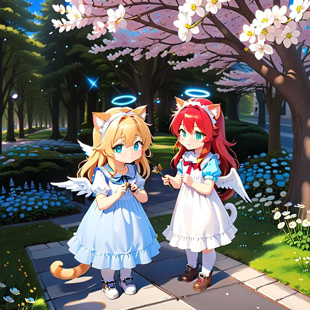 Cute Anime Chibi Cat-Girl and Angel Playing