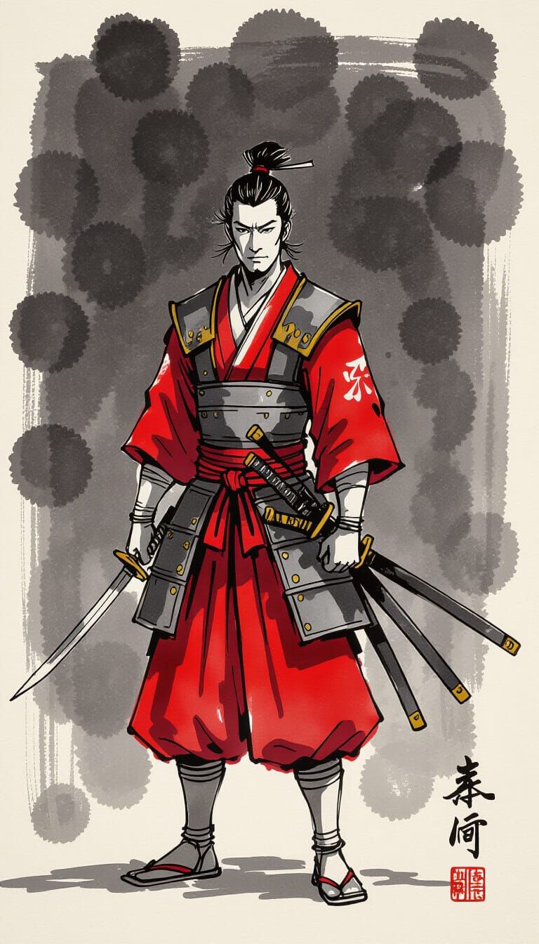 Samurai in Sumi-e Style Black and Red Ink