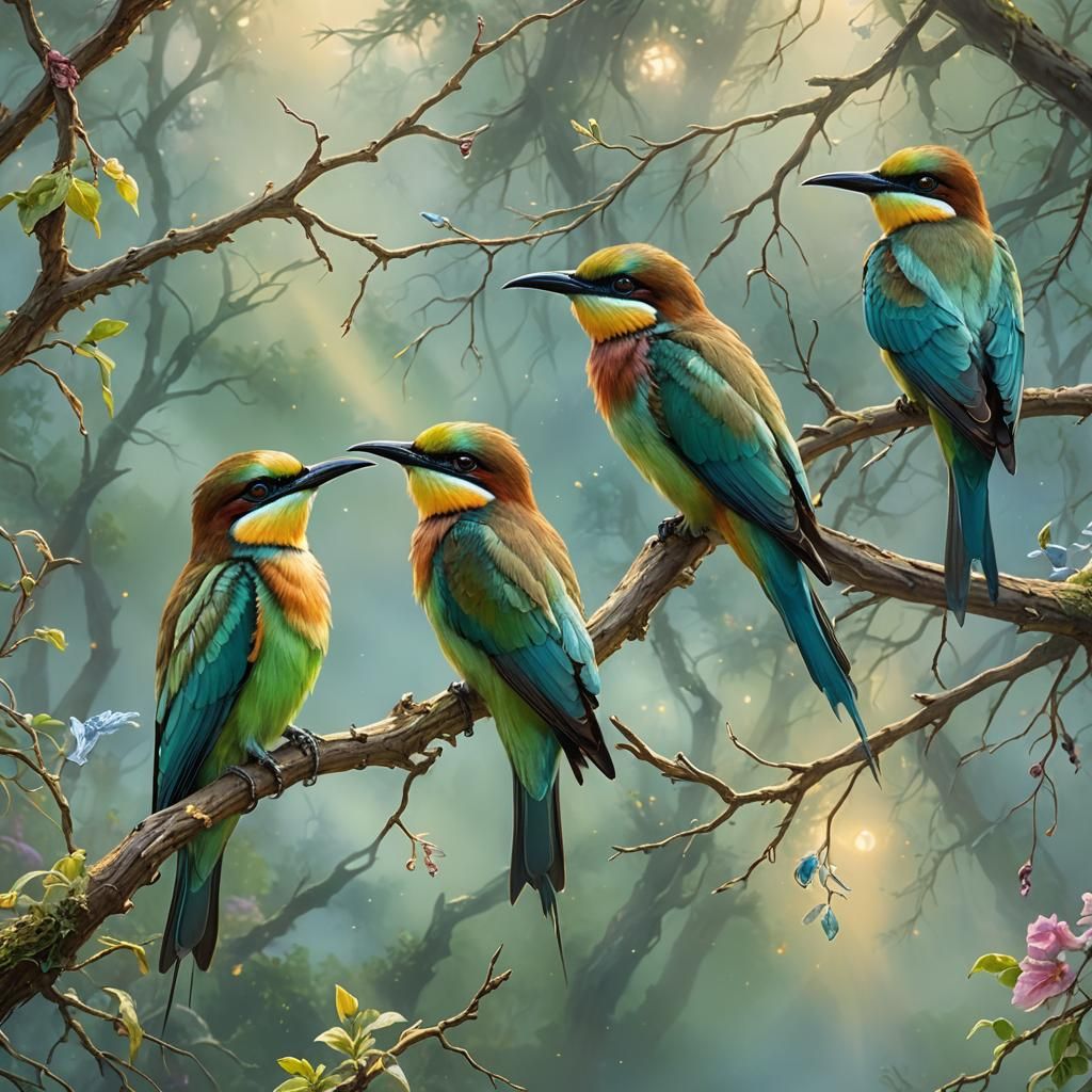 Bee-Eater Birds in Mist: A Dreamy Oil Painting