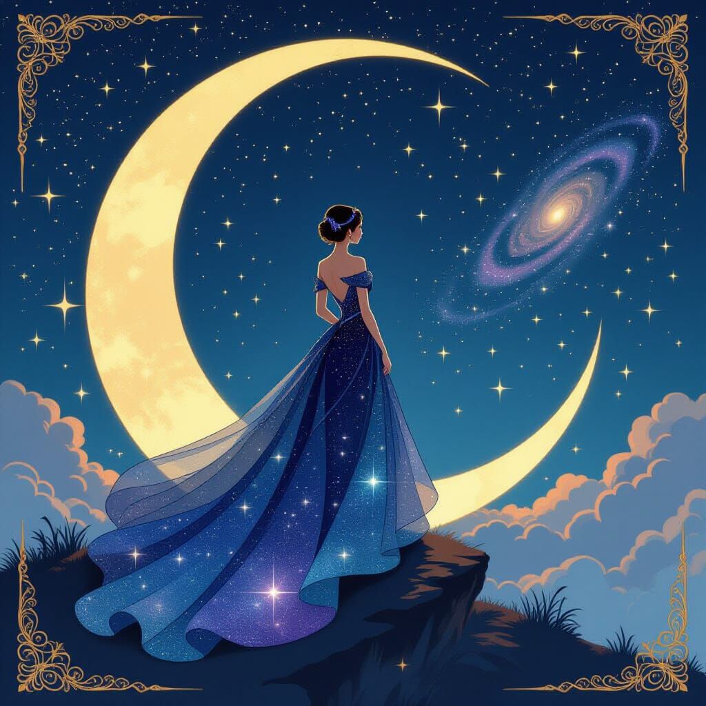 Cosmic DM Icon in Stardust Gown Overlooking Galaxies