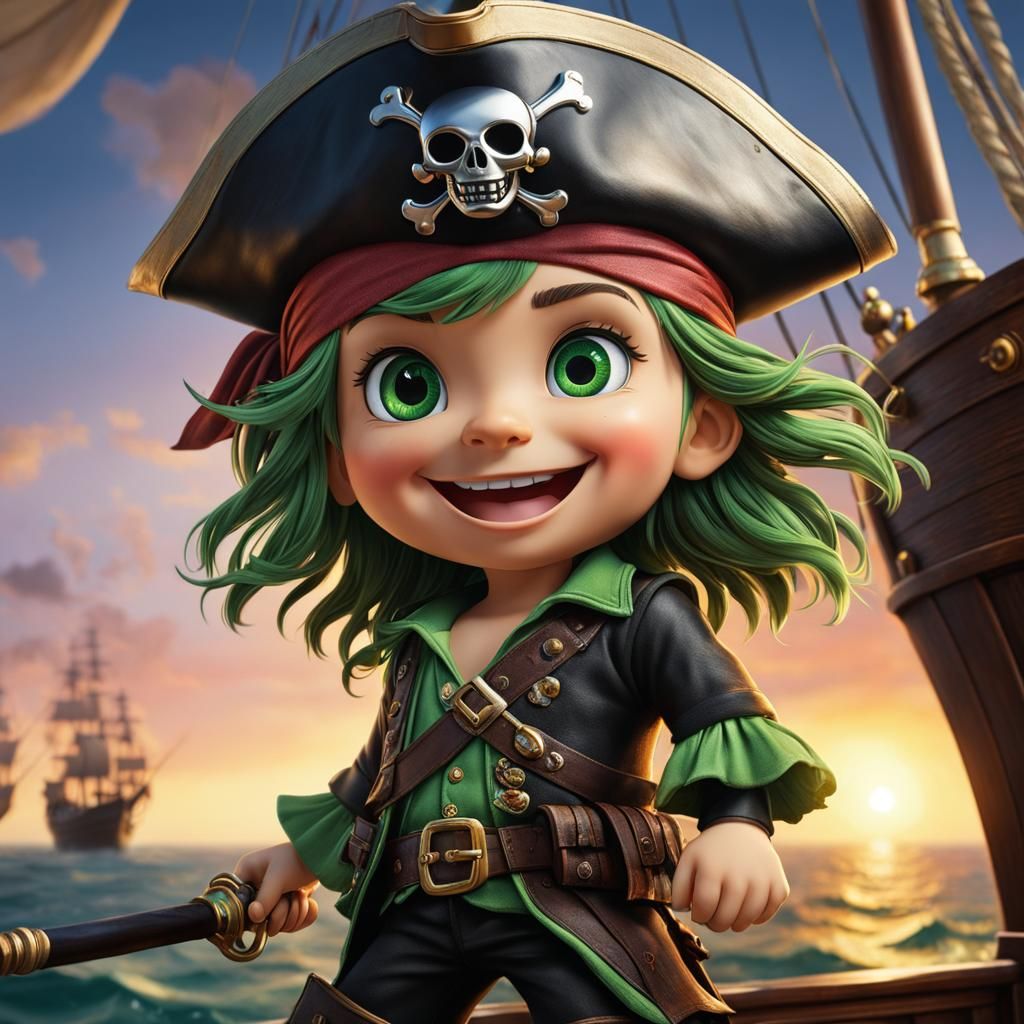 Cute Pirate on Ship in Hyperrealistic Action Painting