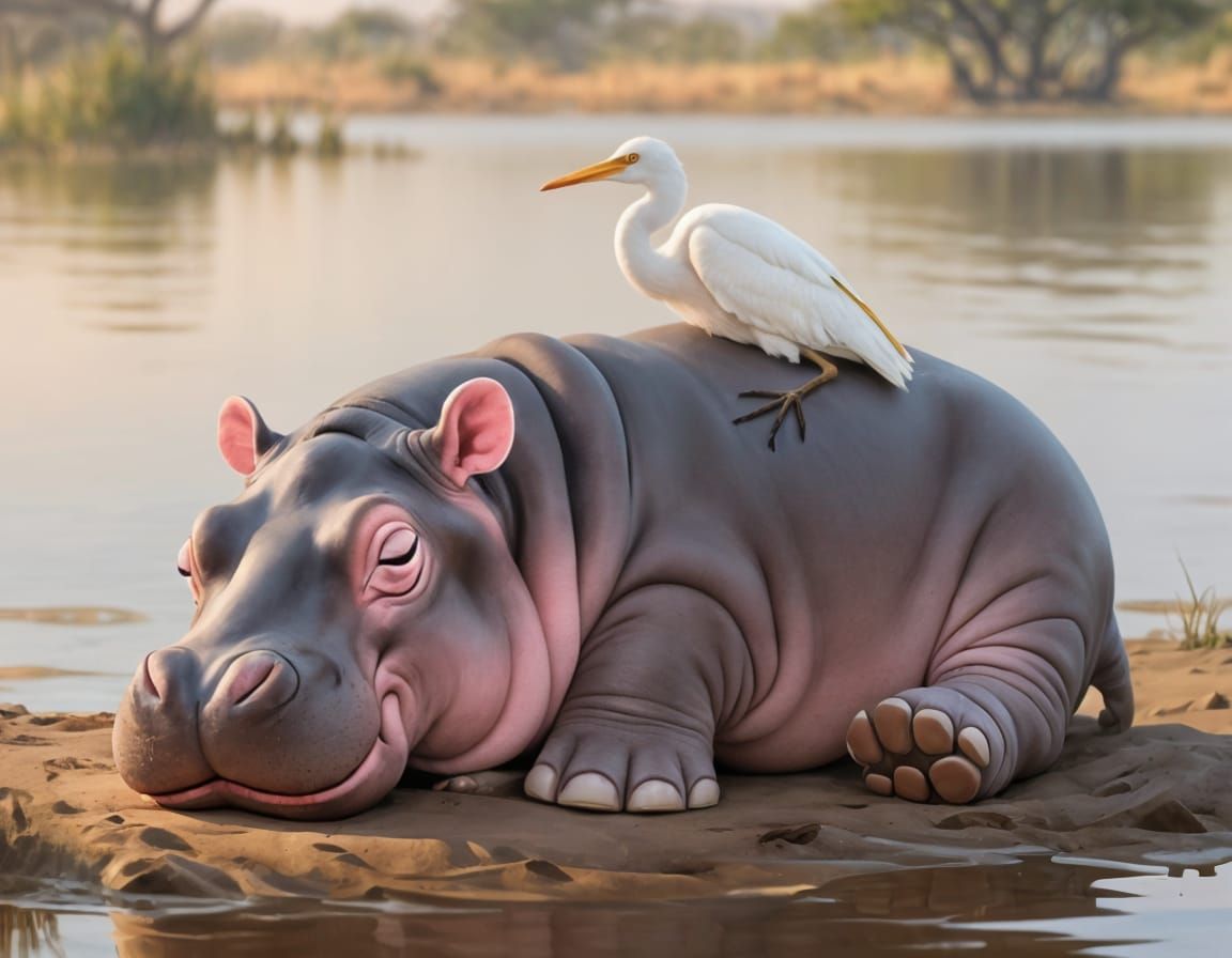 Sleeping Hippo Calf with Cattle Egret