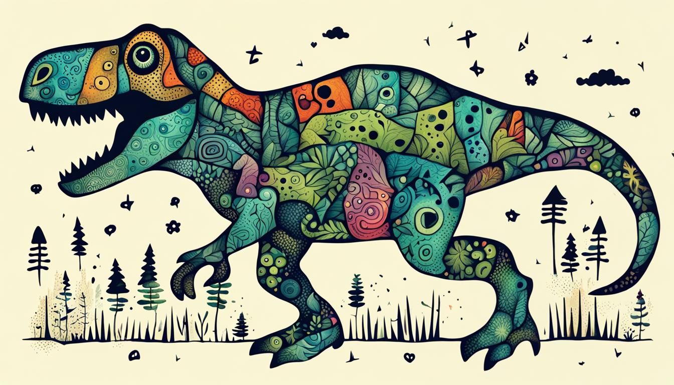 Happy T-Rex in Forest: Zentangle Ink Illustration