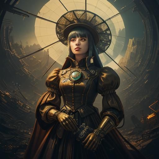 Chaotic evıl srap-punk. Woman wandering among the rubble in ...