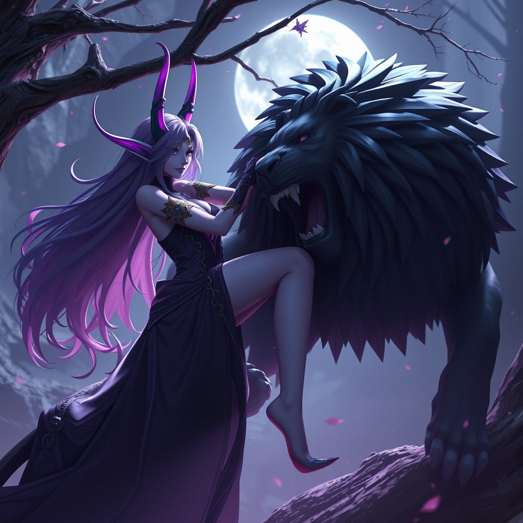 Void Elf and Black Lion in Anime Style