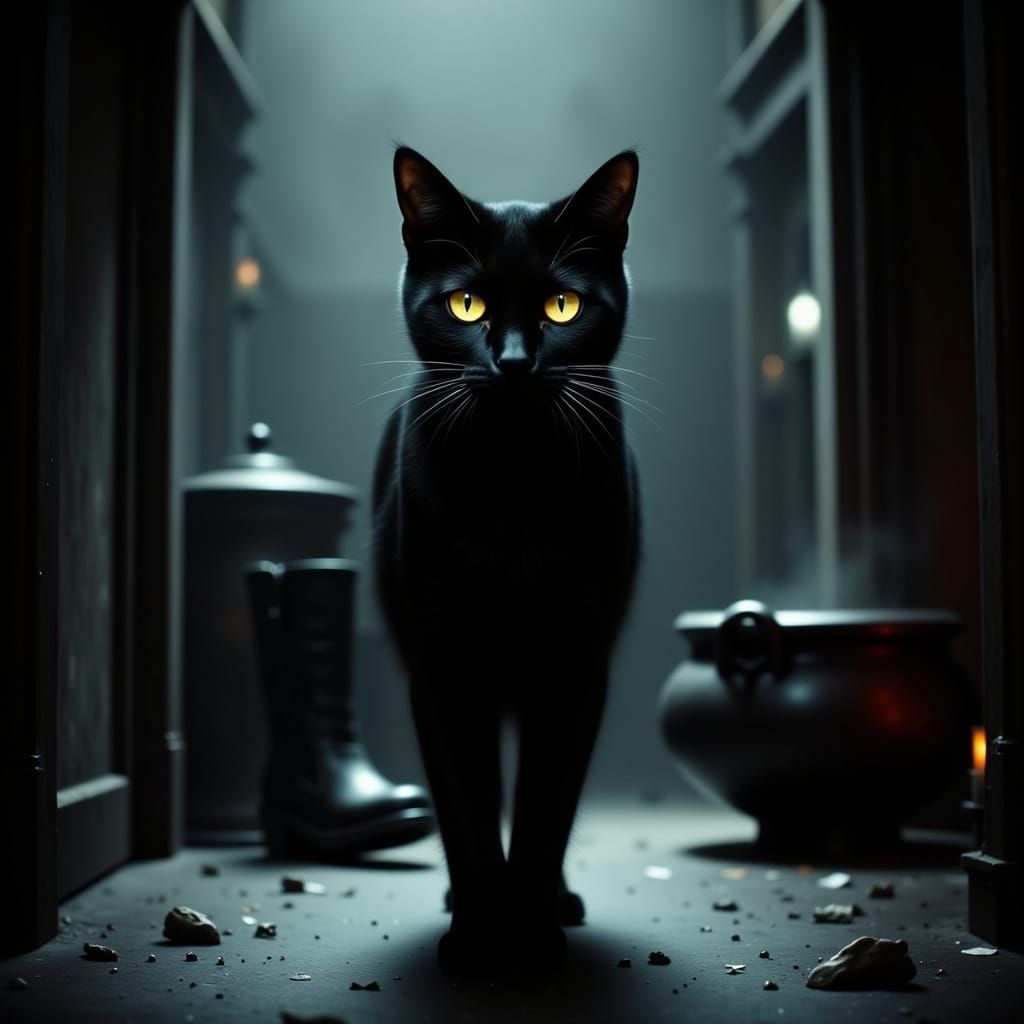 Sleek Black Cat With Yellow Eyes Emerges From Shadow