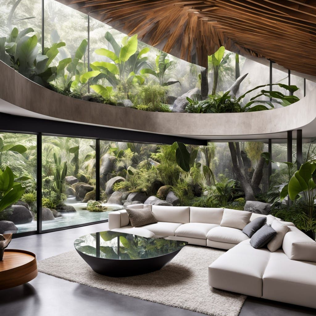 Surreal Modern Oasis with Forest Interior and Pools