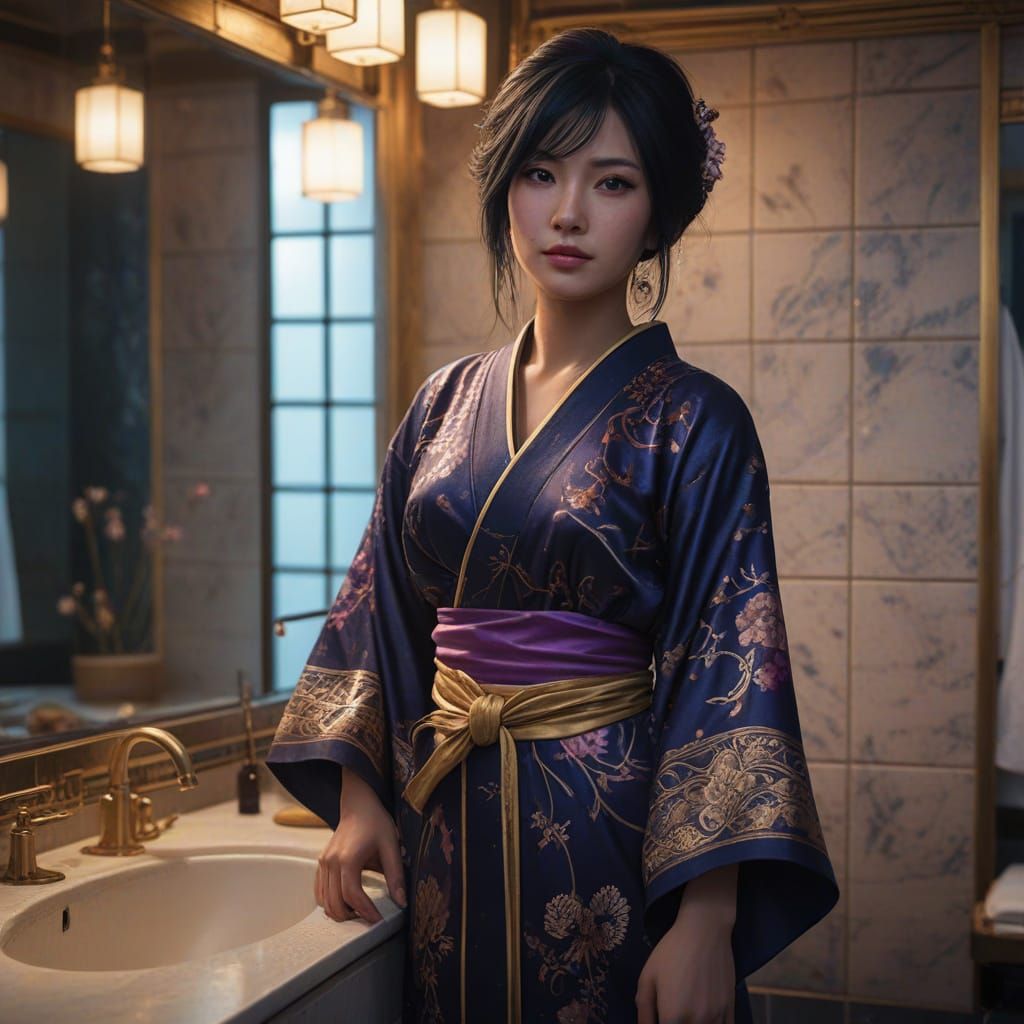 Japanese Woman in Bathroom: Fantasy Concept Art