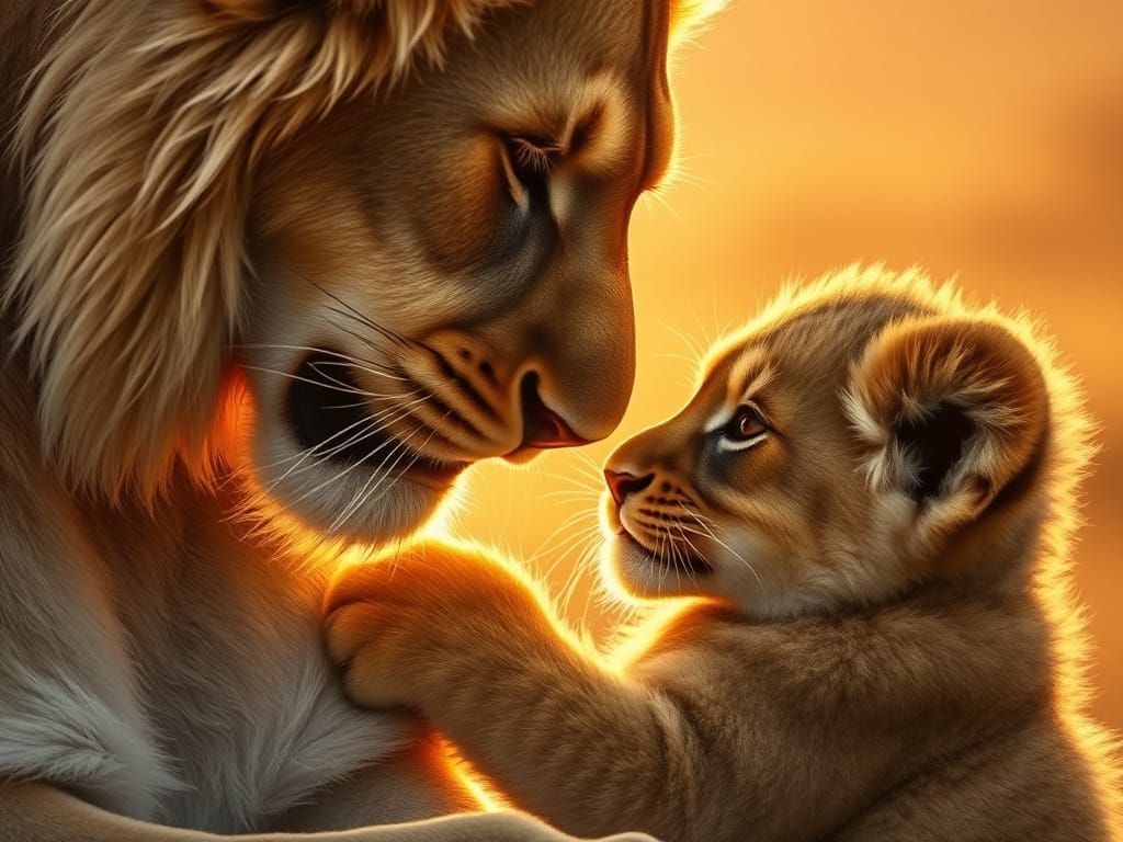 Majestic Lion Cub Nuzzles Mother in Golden Savanna Sunset