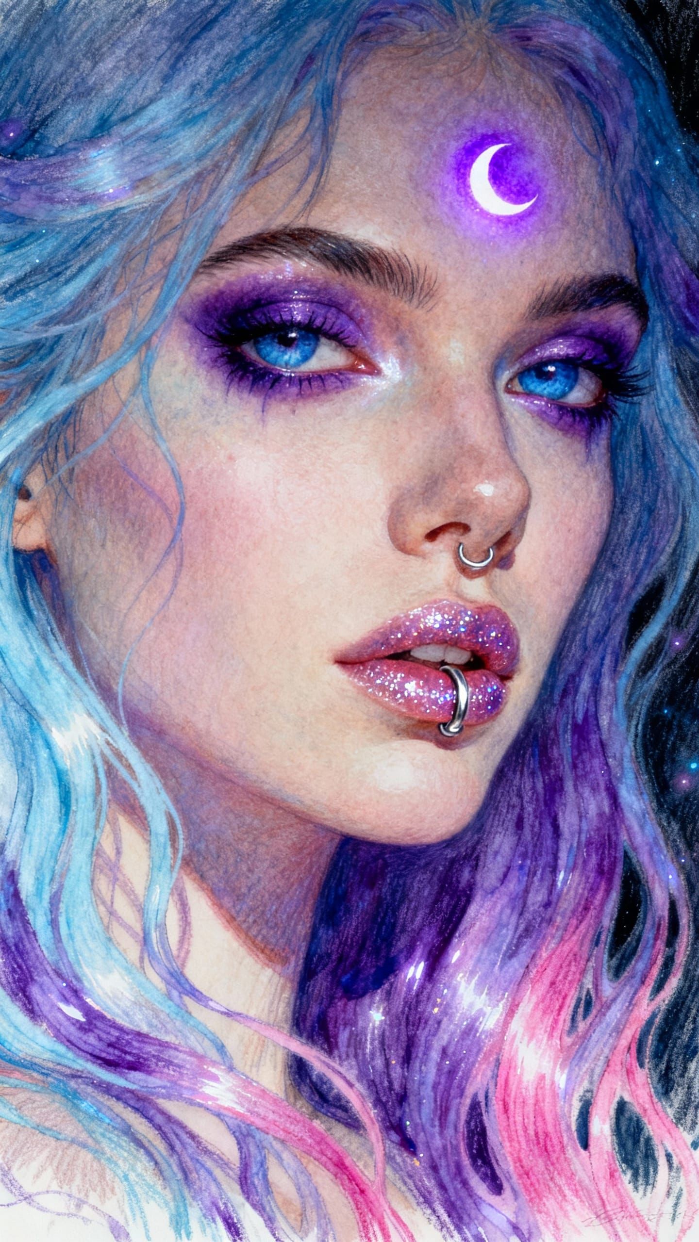 Boho-Gothic Woman Portrait with Luminescent Moon