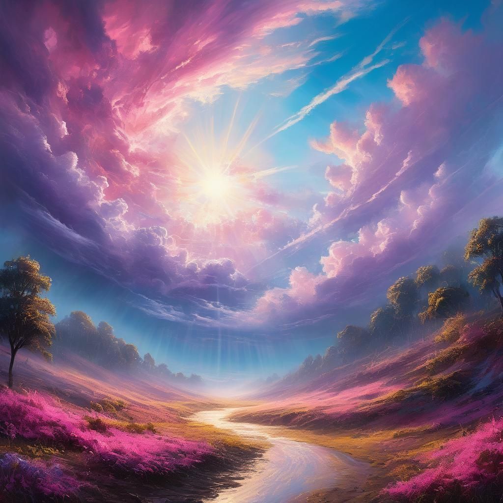 Glistening Sunbeams Through Pink Clouds, Digital Matte Paint...