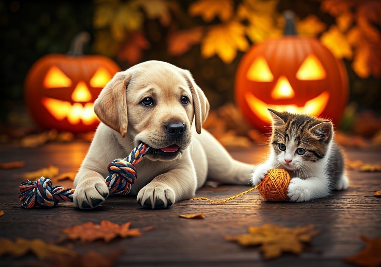 Golden Lab Puppy and Kitten's Autumn Playtime