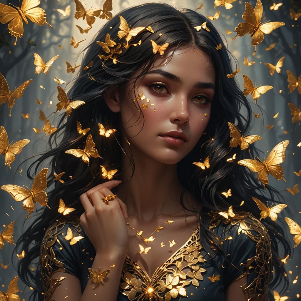 Woman Gazing at Golden Heart with Butterflies