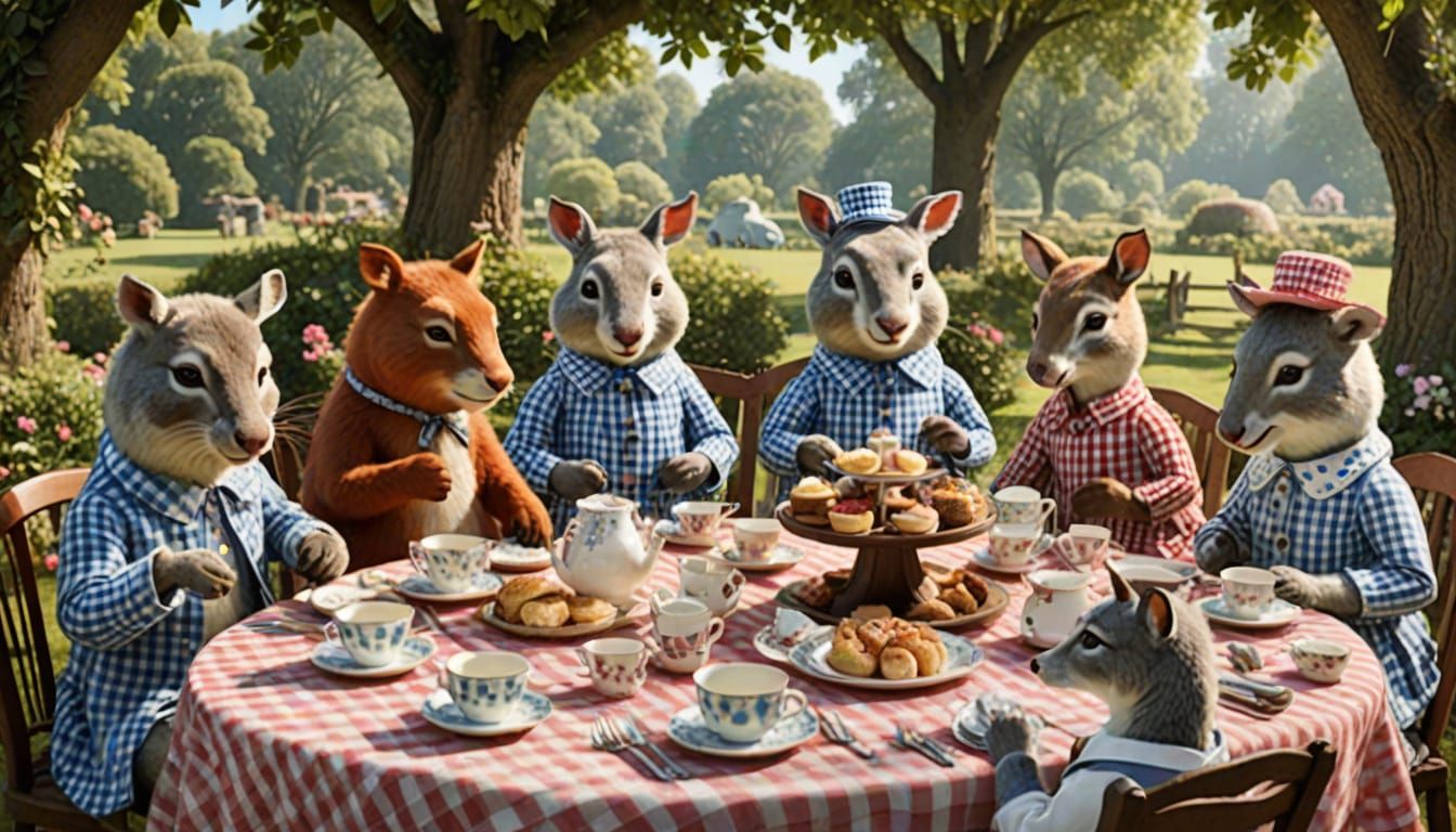 A whimsical tea party with animals dressed in gingham outfit...