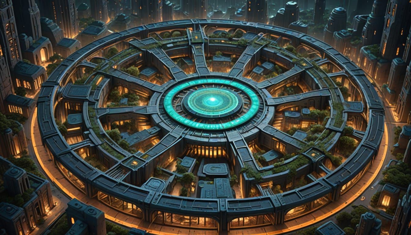 Mysterious Underground City with Bioluminescent Spokes at Ni...