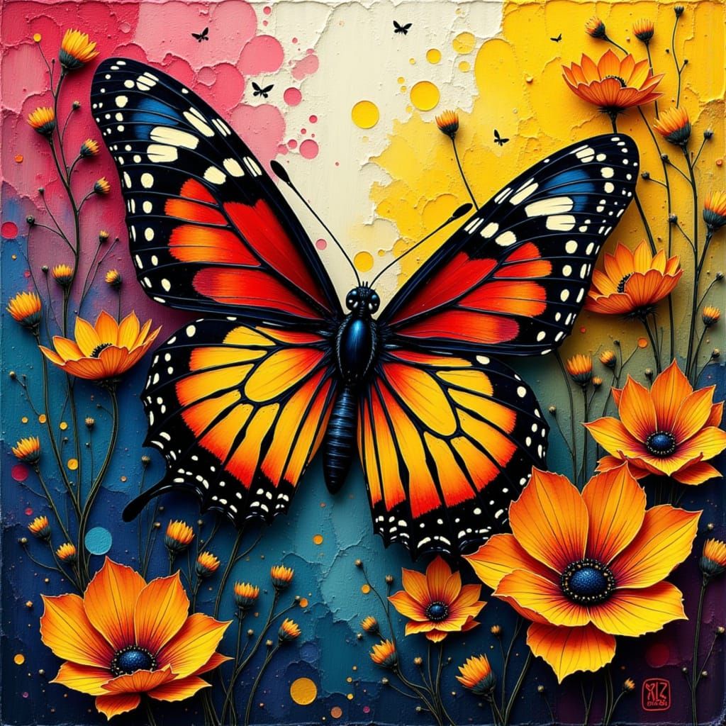 Vibrant black, red and yellow butterfly in delicate, lace-like wings