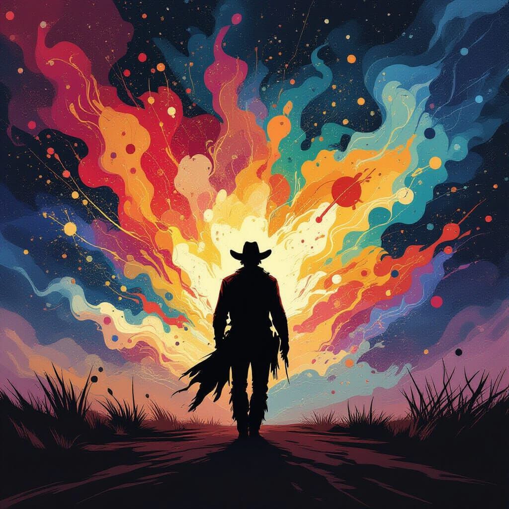 Cowboy Silhouette in Abstract Color Explosion