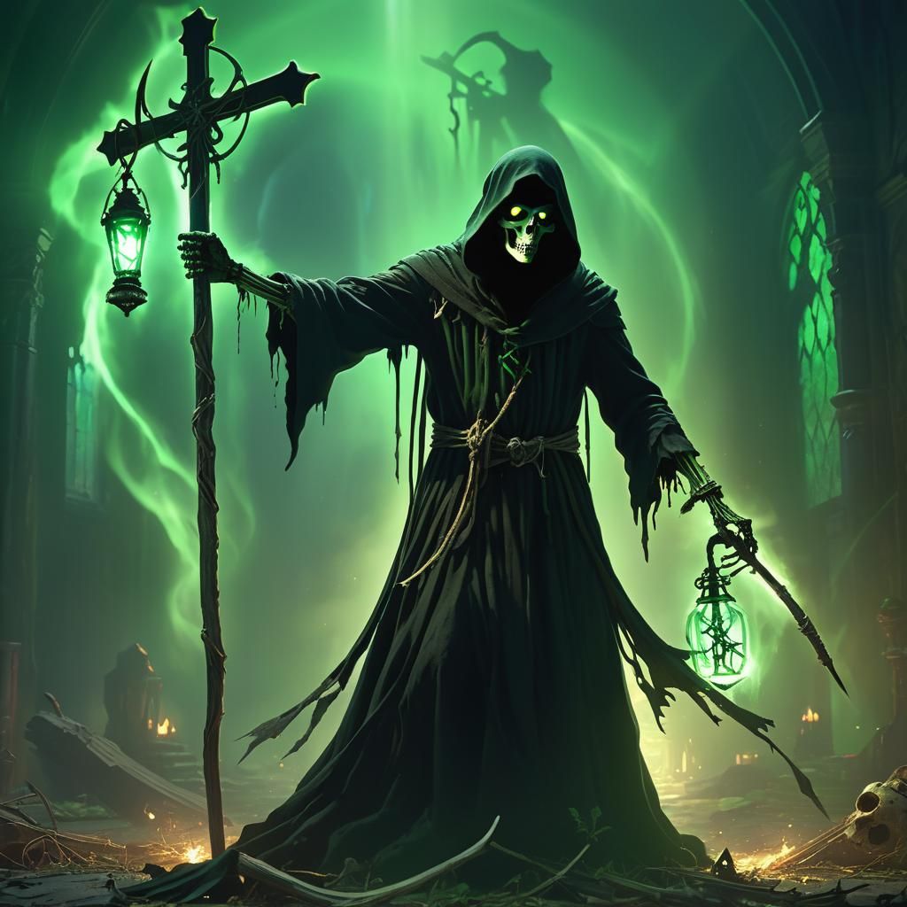 Eerie Grim Reaper with Green Light, Cinematic Still