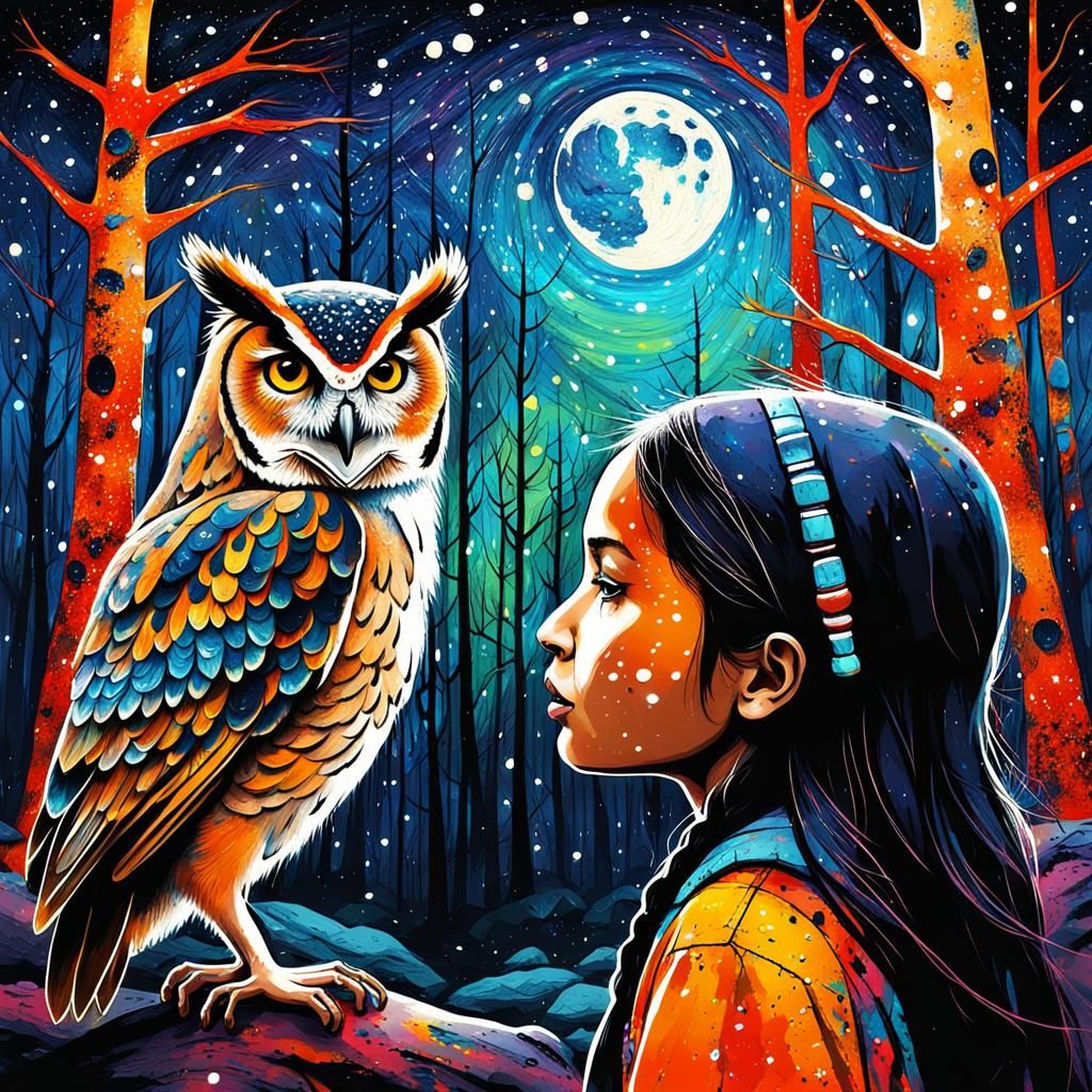 Native American Girl and Owl in Abstract Ink Art