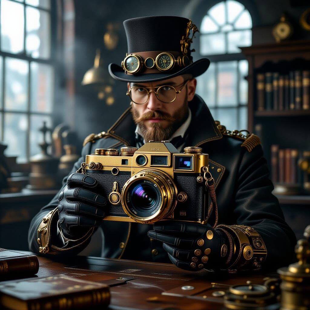 Steampunk Inventor with Intricate Brass DSLR Camera