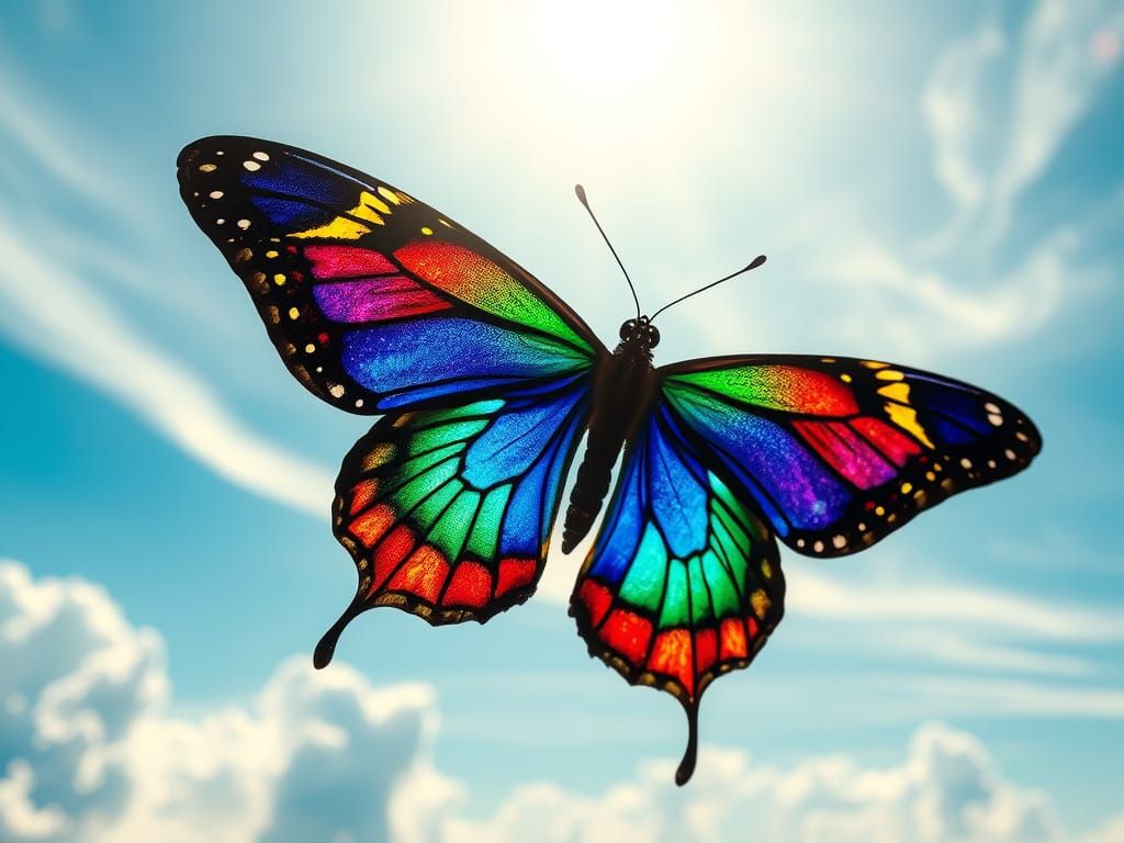 Sapphire Butterfly in Vibrant Stained-Glass Wings Soars Thro...