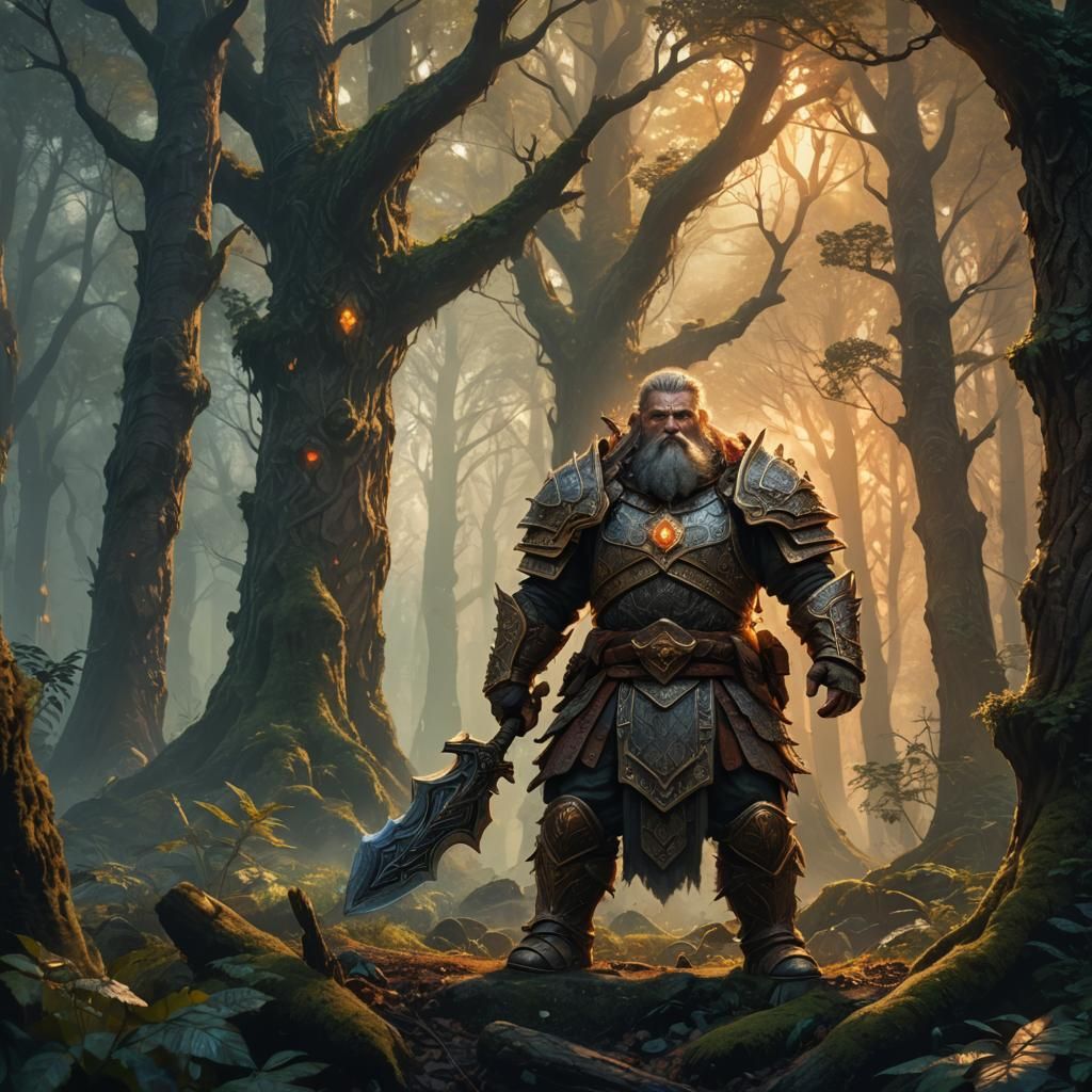 Heroic Dwarf Warrior in Mystical Forest: Fantasy Art