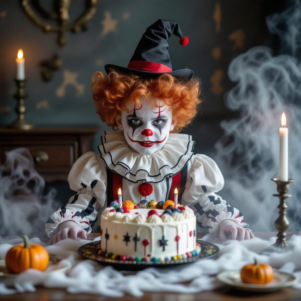 Ghostly Boy in Clown Costume at Victorian Birthday Party