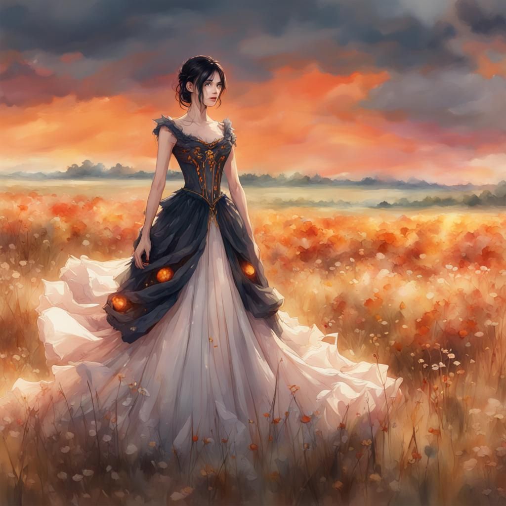 Orange-Eyed Woman in Ball Gown, Watercolor Painting