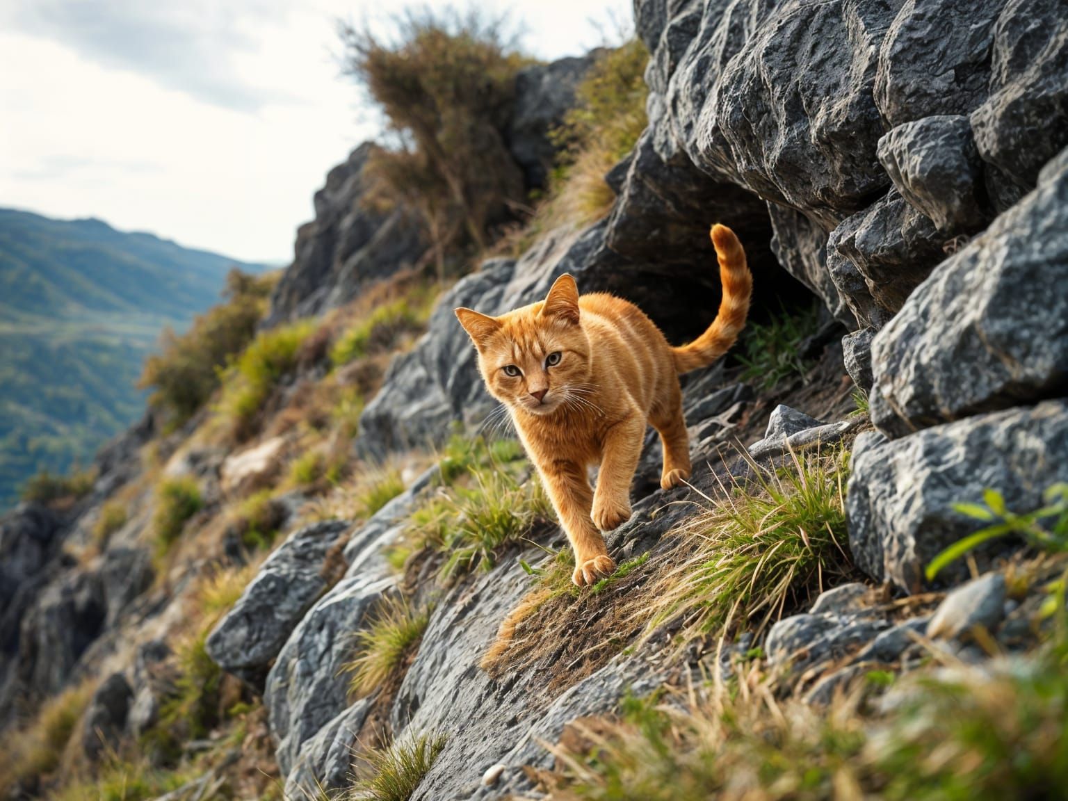 Orange Tabby Cat Descending Rocky Slope