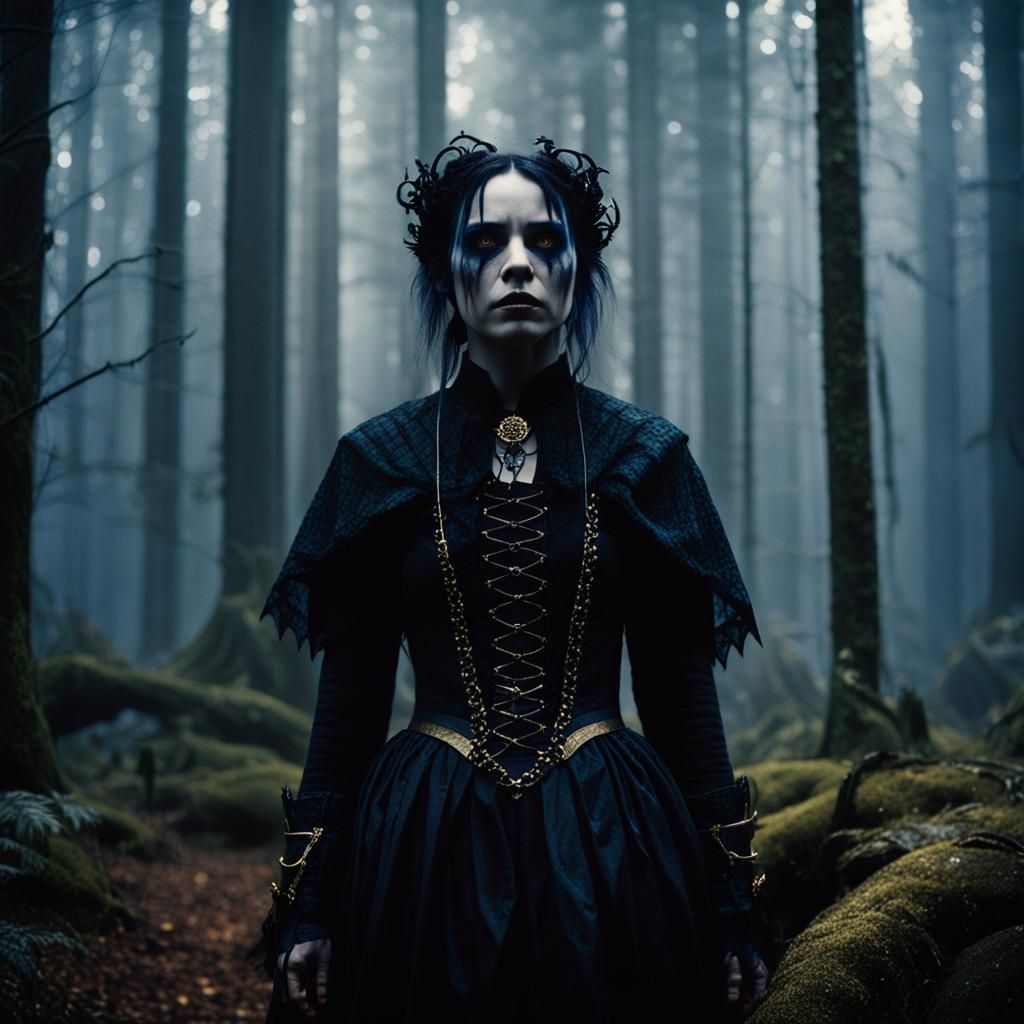 Gothic Annie in Mystical Forest: Cinematic Film Still