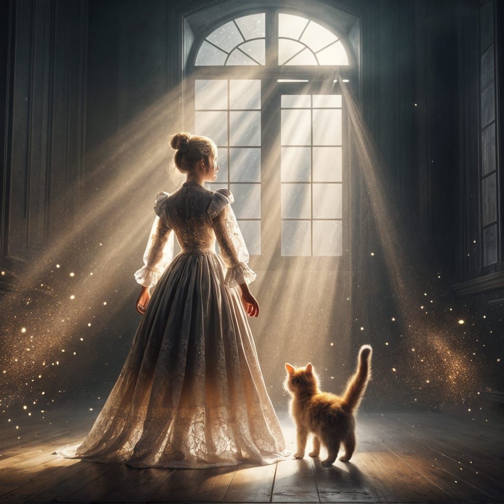 Girl in Lace Dress Tenderly Holds Ginger Kitten by Sunlit Wi...