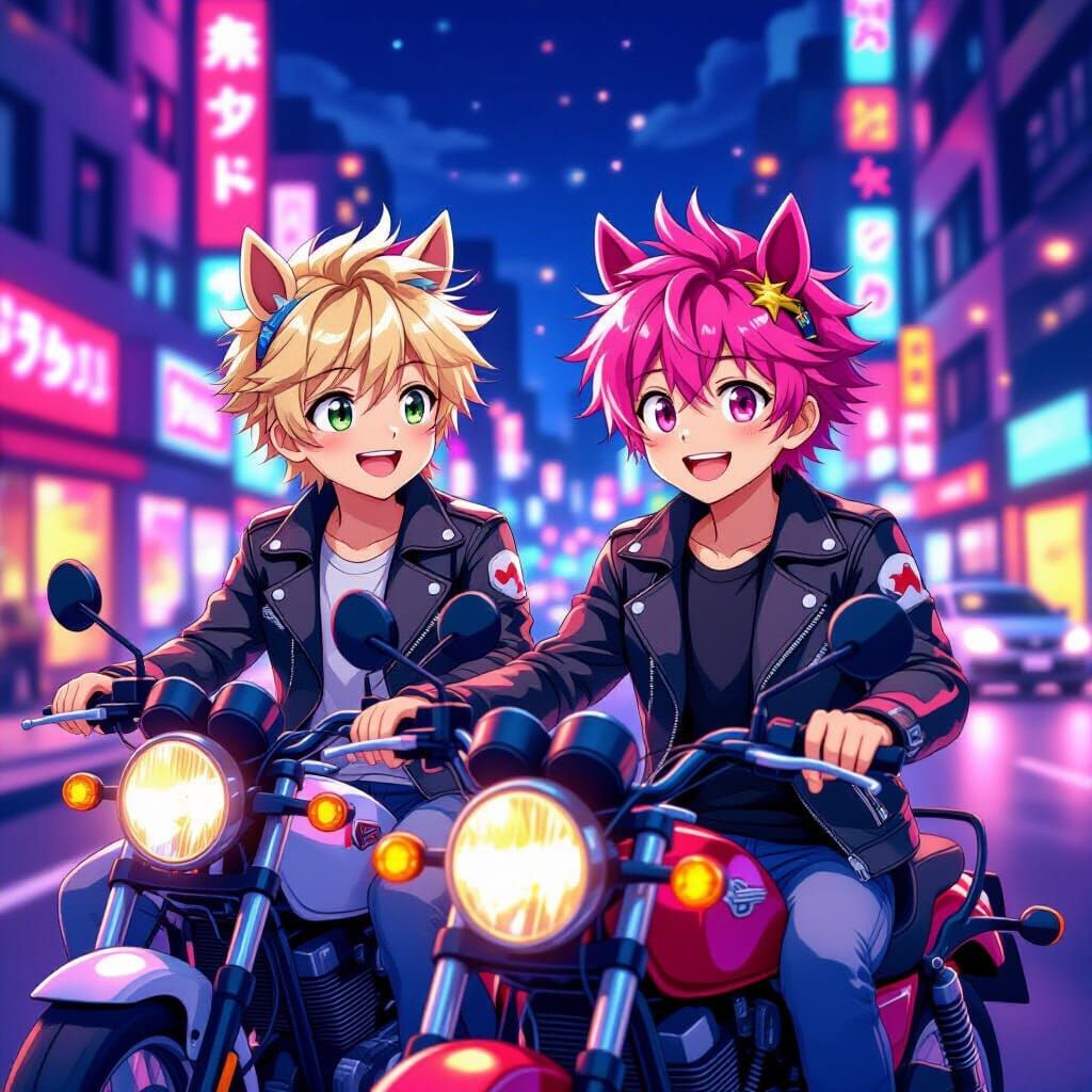 Anime Youths with Horse Ears Ride in Neon City