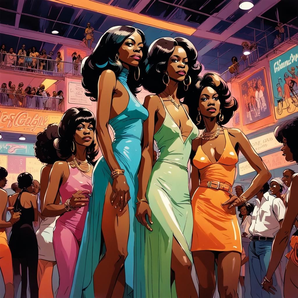 Funky 1970s Harlem Ladies in Vibrant Cartoon Style