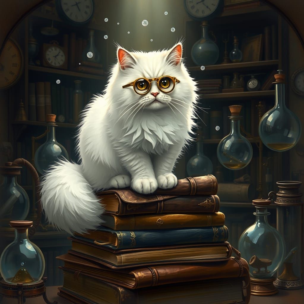 Regal Persian Cat with Monocle on Antique Books