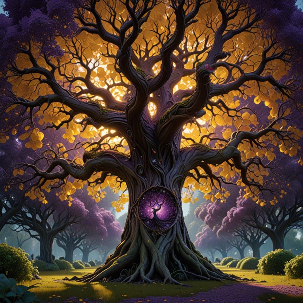 Surreal Tree in Luminous Dark Fantasy Landscape