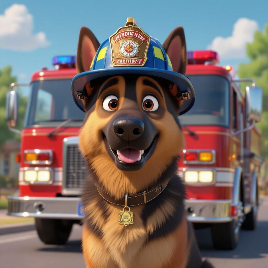 German Shepherd Firefighter in Adventure Bay CGI Style